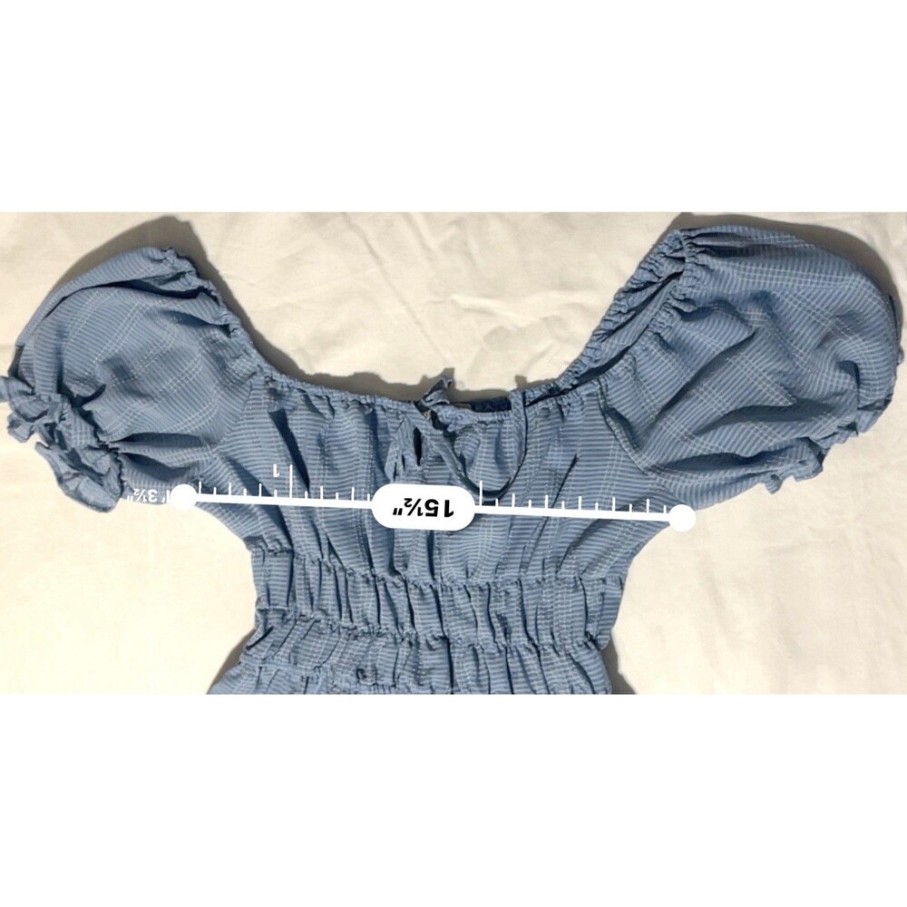 Blue Gingham Smocked Babydoll Dress Puff Sleeve Tiered Cottagecore Size L - Picture 4 of 6